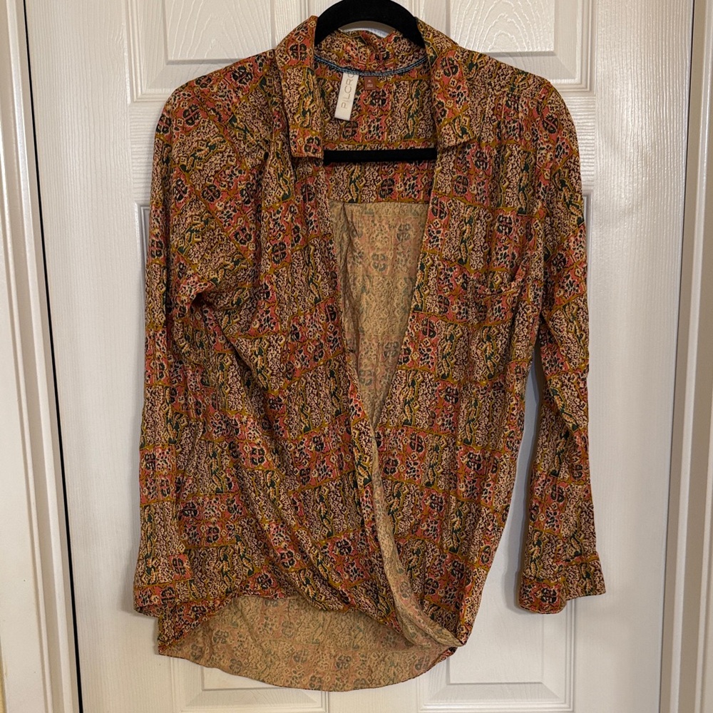 Anthropologie Rust and Beige Patterned Blouse